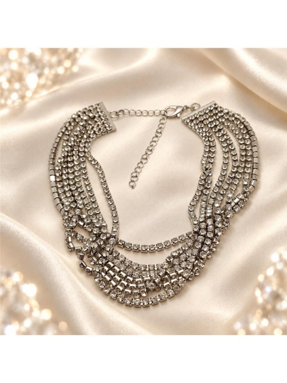 Silver Tone 7 Row Clear Rhinestone Tennis Bib Collar Necklace Statement 17 In